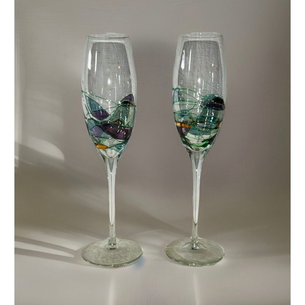 Romania Artland Helios Fluted Champagne 10" Set of 2 Mosaic Stain Glass